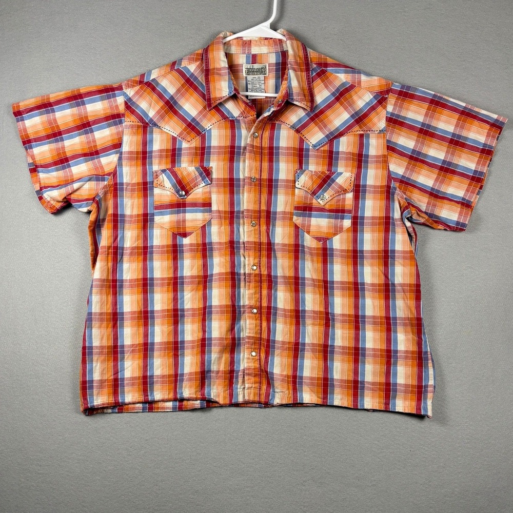 Vintage Express Rider Western Pearl Snap Plaid Embroidered Shirt 2XL Orange Blue